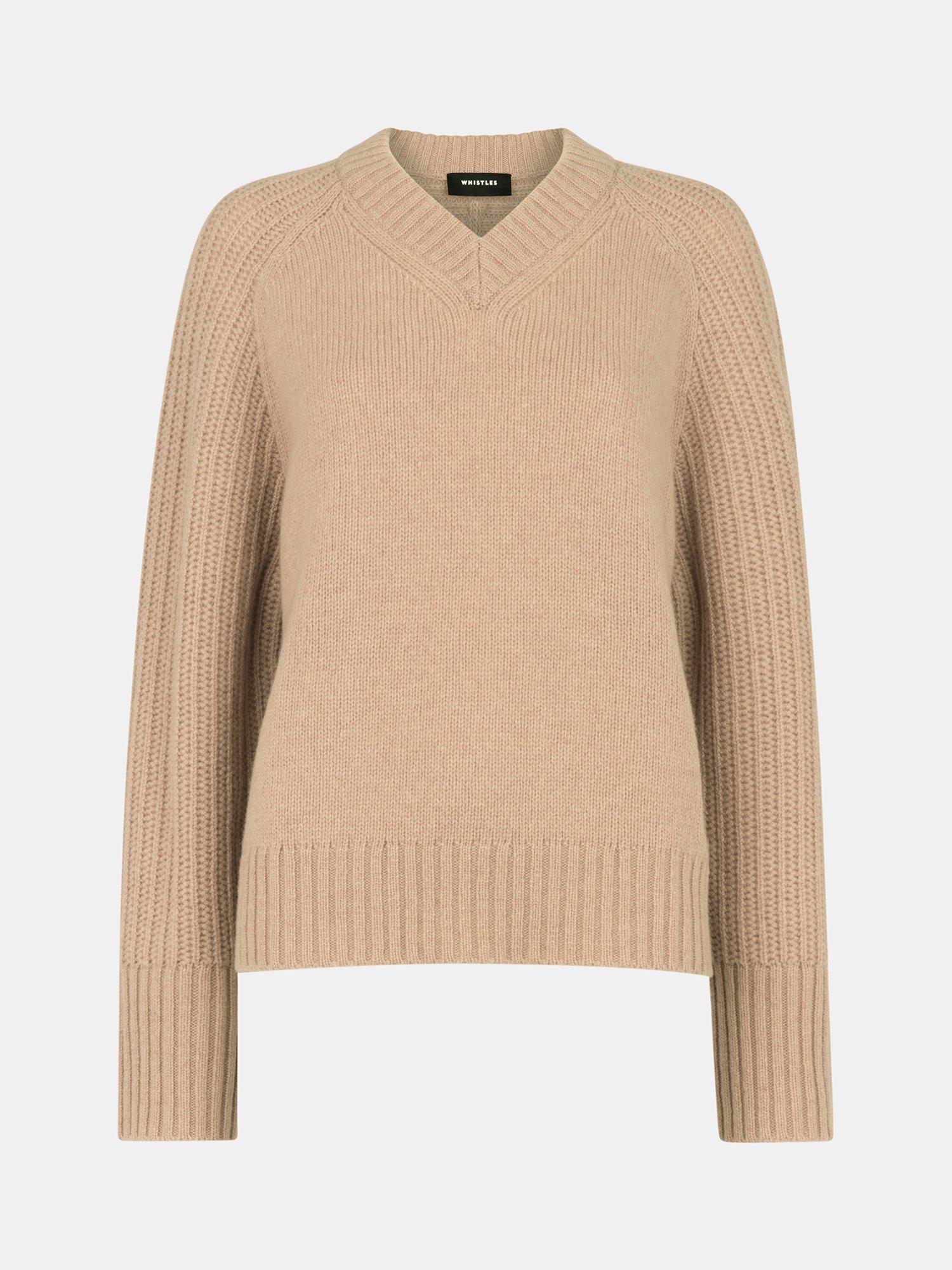 Product image 5 of 5, which shows Whistles Ribbed Sleeve V-Neck Pure Wool Jumper, Camel, XS