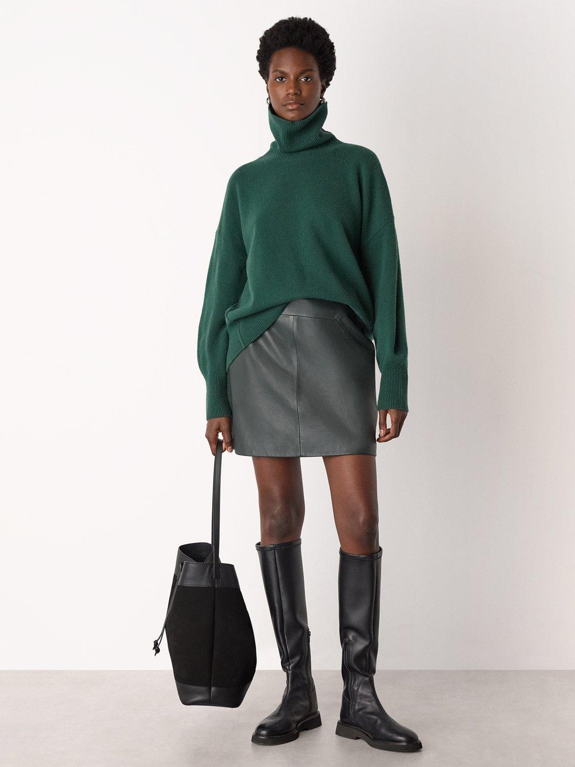 Product image 3 of 5, which shows Whistles Curved Hem Roll Neck Pure Wool Jumper, Dark Green, XS