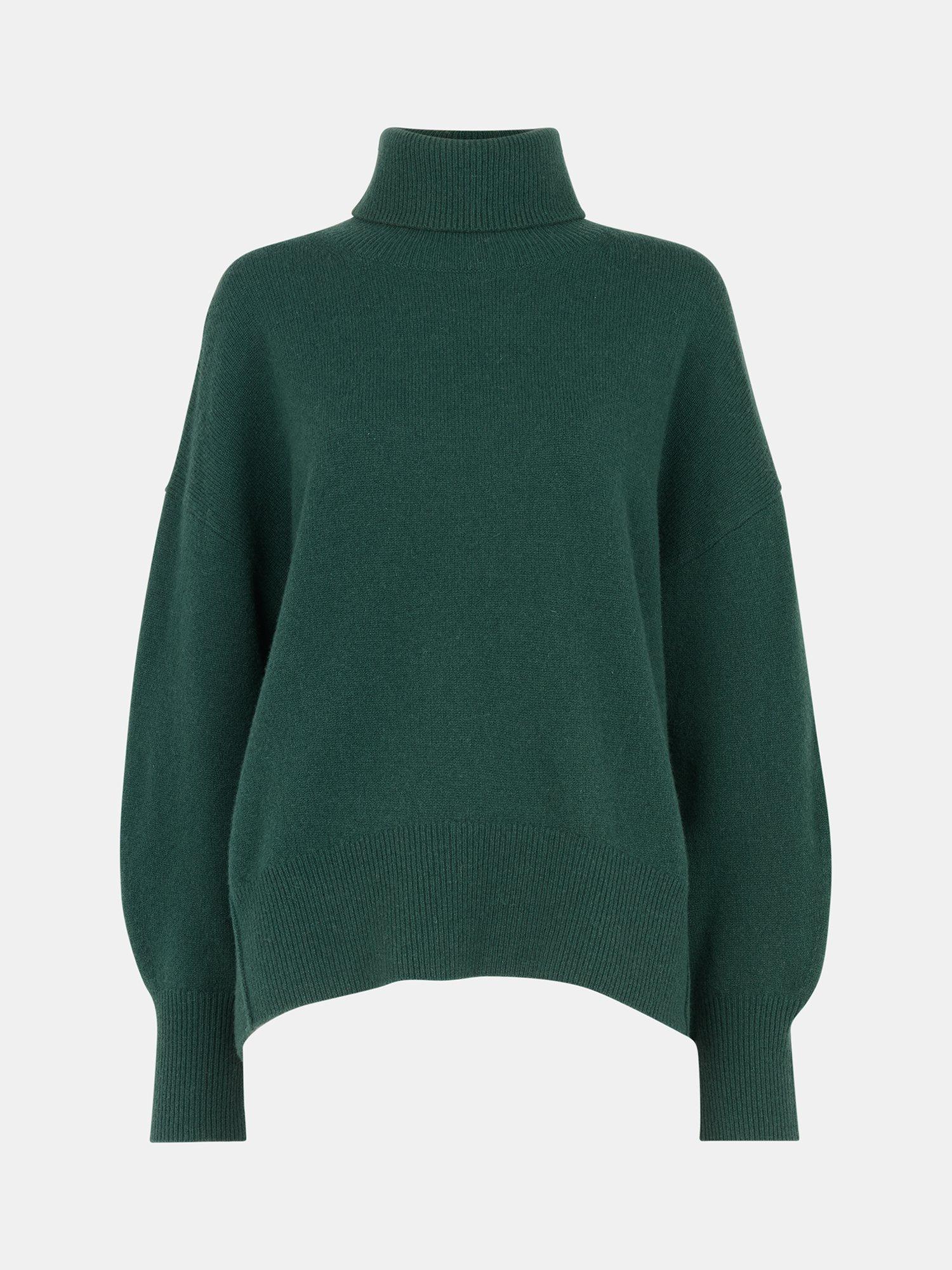 Product image 5 of 5, which shows Whistles Curved Hem Roll Neck Pure Wool Jumper, Dark Green, XS