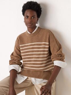 Whistles Stripe Crew Neck Pure Wool Jumper, Camel