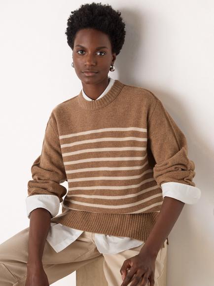Whistles Stripe Crew Neck Pure Wool Jumper, Camel