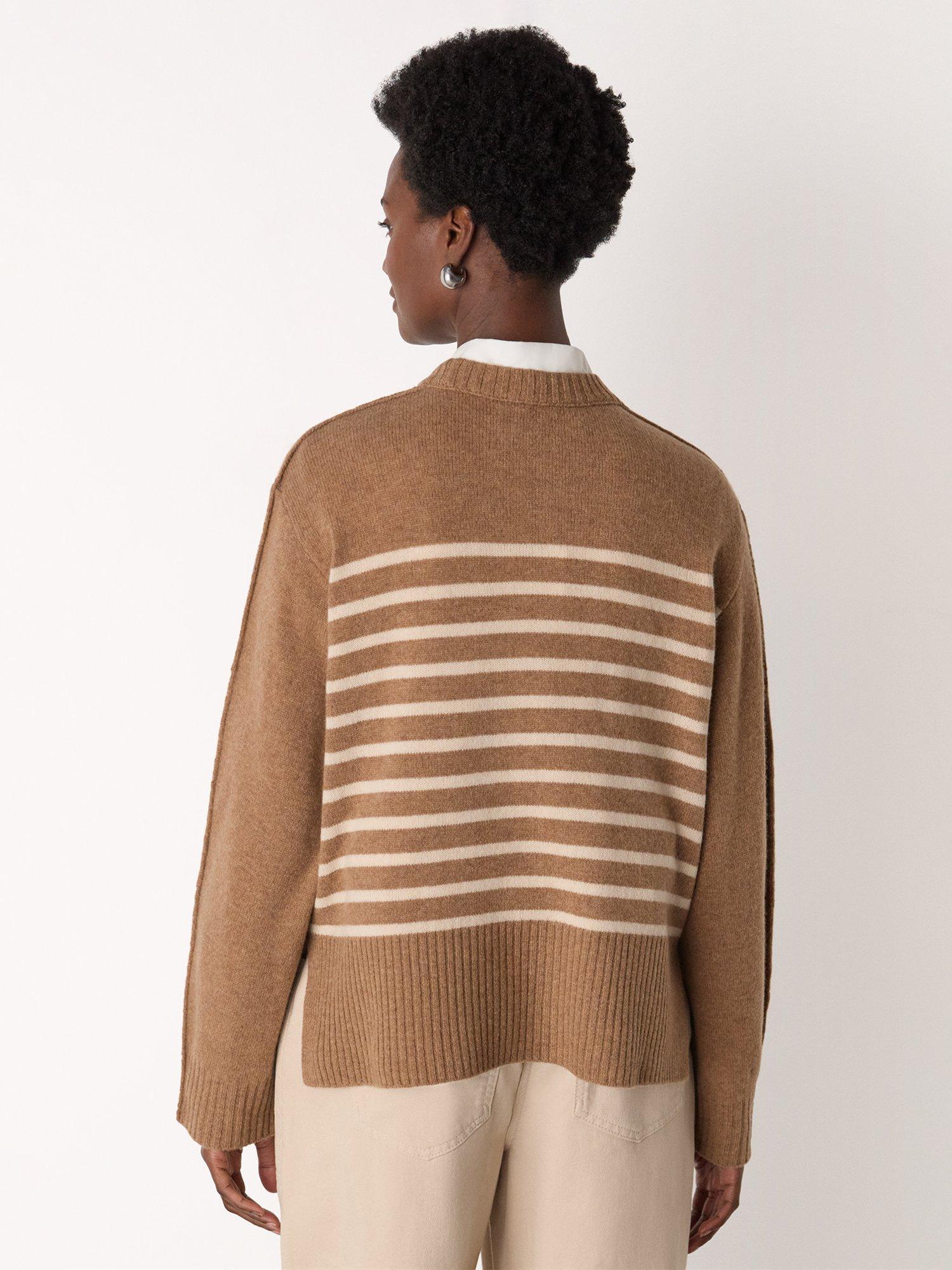 Product image 2 of 5, which shows Whistles Stripe Crew Neck Pure Wool Jumper, Camel, XS