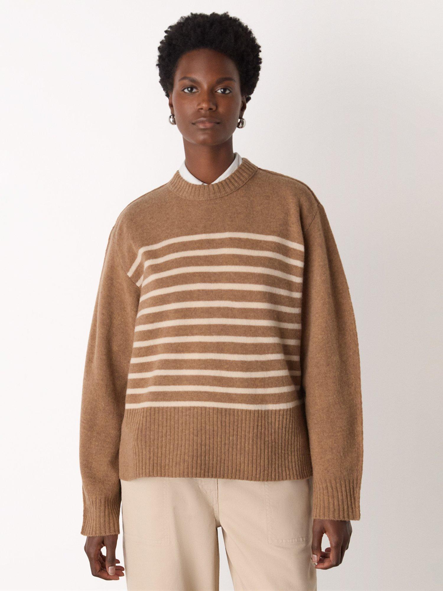 Product image 4 of 5, which shows Whistles Stripe Crew Neck Pure Wool Jumper, Camel, XS