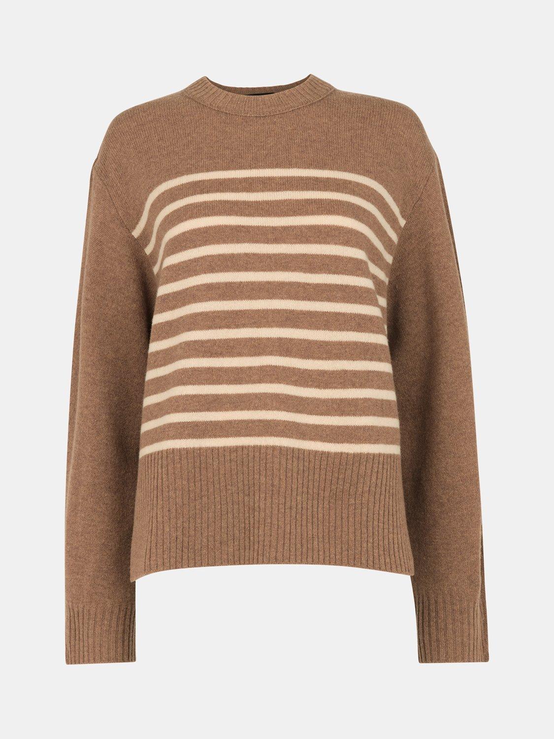 Product image 5 of 5, which shows Whistles Stripe Crew Neck Pure Wool Jumper, Camel, XS