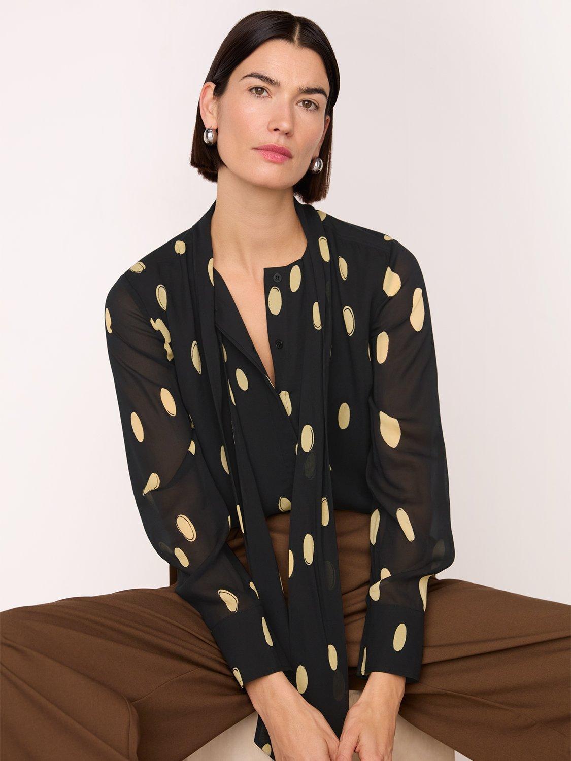 Product image 4 of 5, which shows Whistles Abstract Spot Tie Neck Blouse , Black/Multi, 6