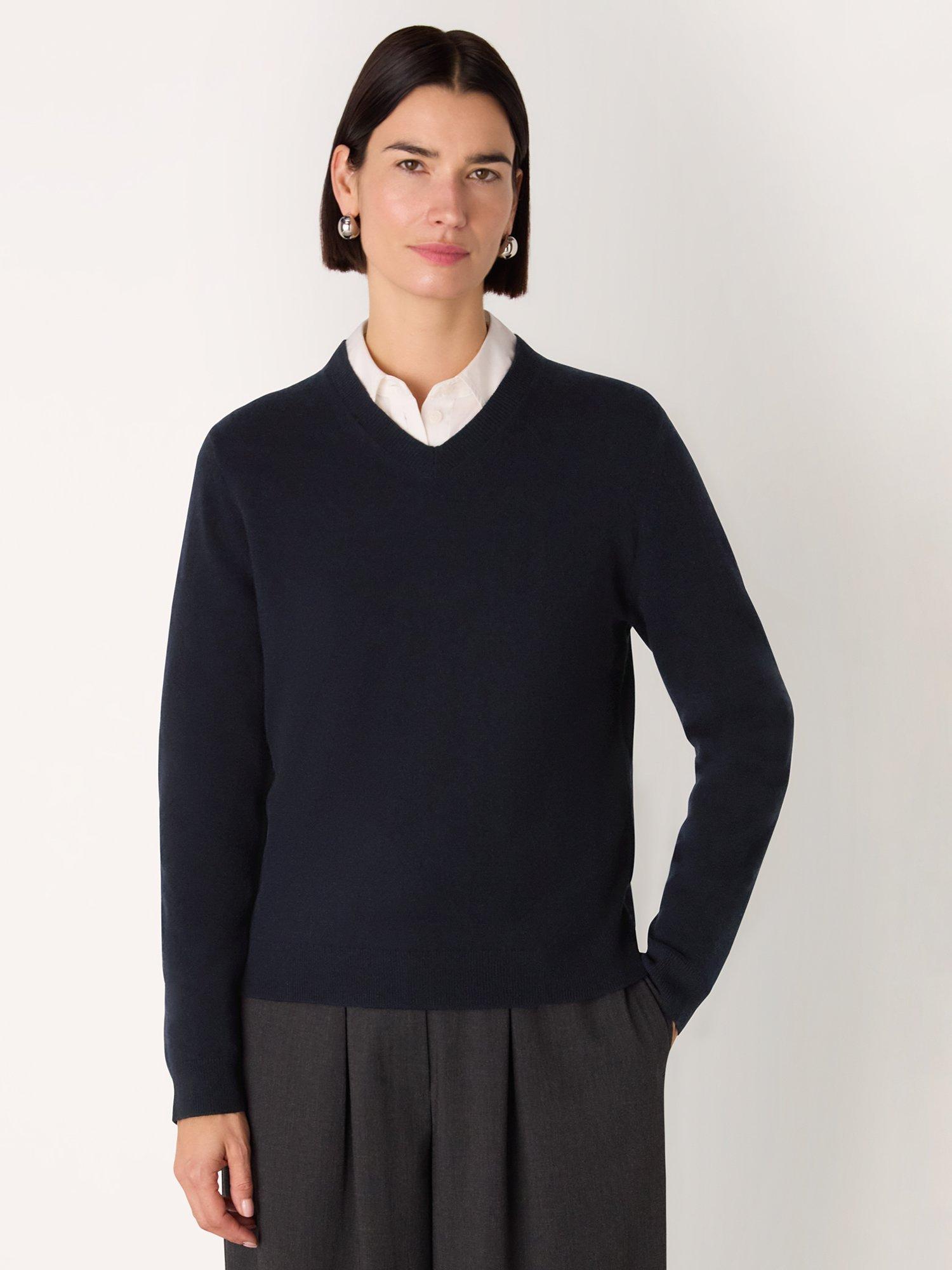 Product image 4 of 5, which shows Whistles V-Neck Pure Wool Jumper, Navy, XS