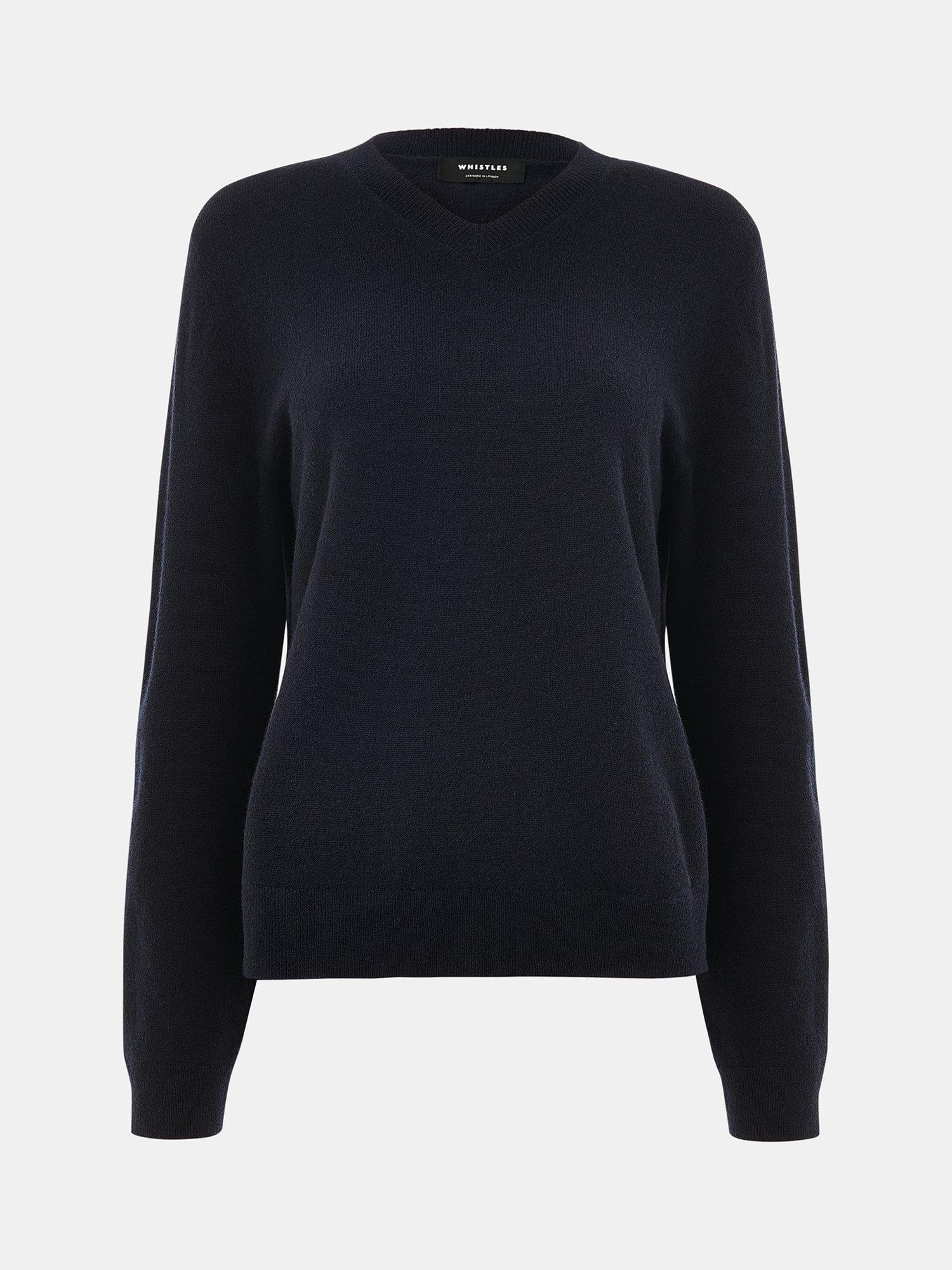 Product image 5 of 5, which shows Whistles V-Neck Pure Wool Jumper, Navy, XS