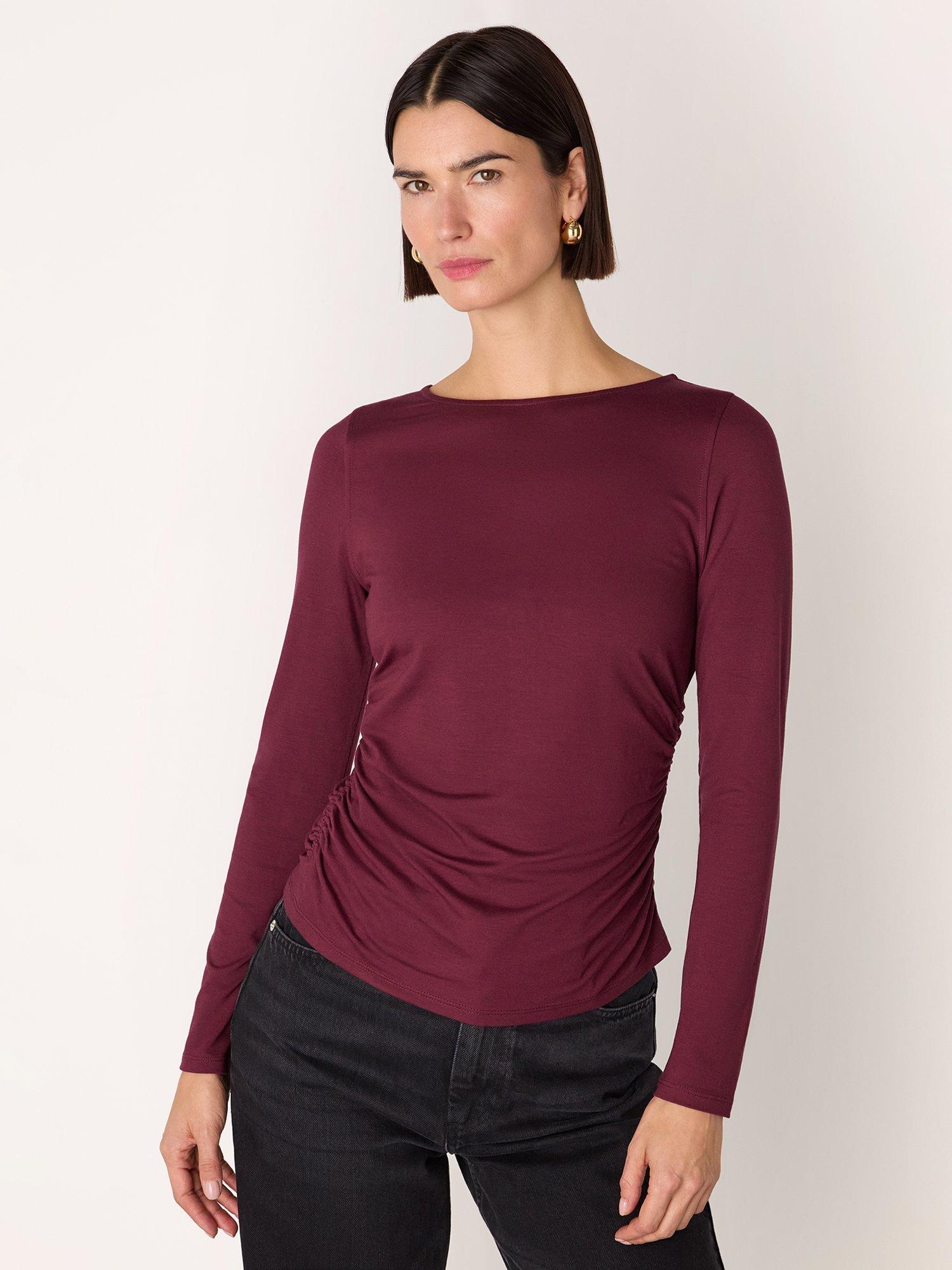 Product image 1 of 5, which shows Whistles Ruched Side Long Sleeve Top, Burgundy, XS