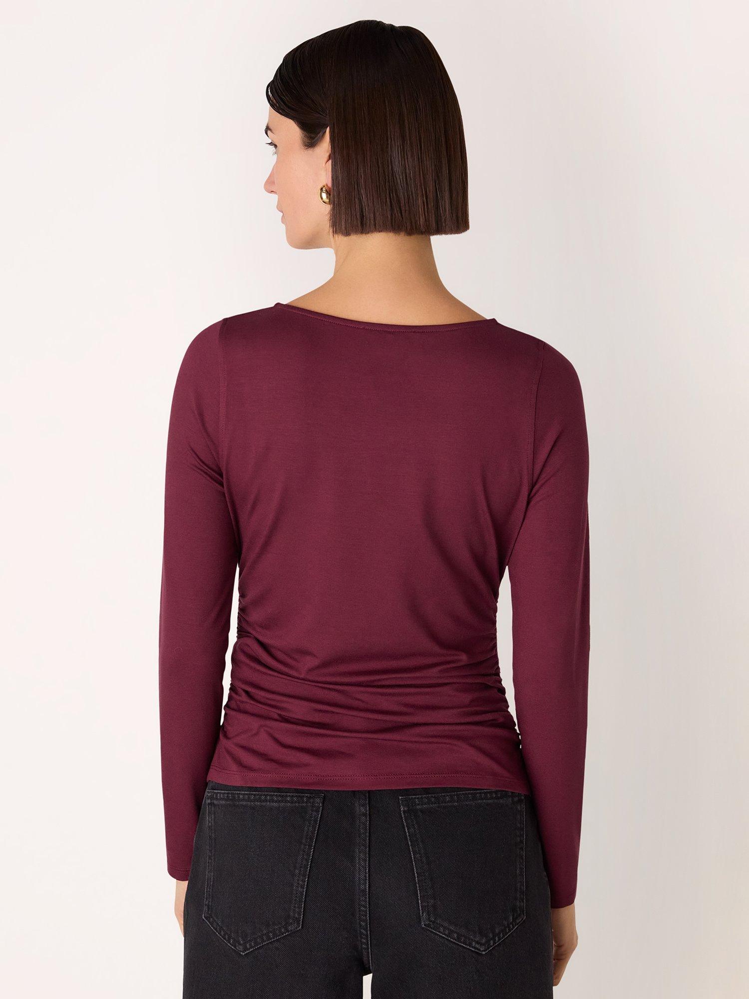 Product image 2 of 5, which shows Whistles Ruched Side Long Sleeve Top, Burgundy, XS
