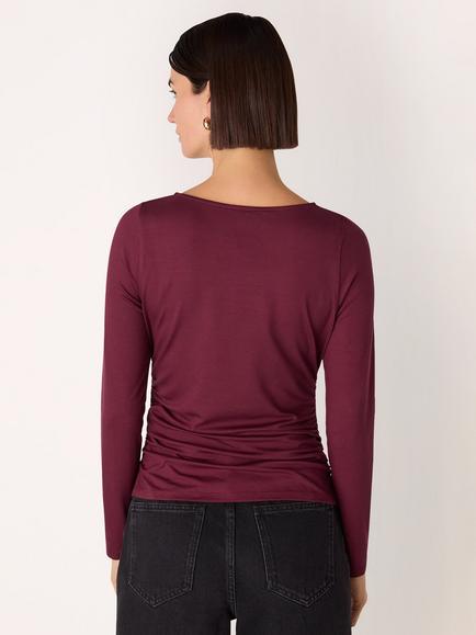 Whistles Ruched Side Long Sleeve Top, Burgundy - view 2, Burgundy