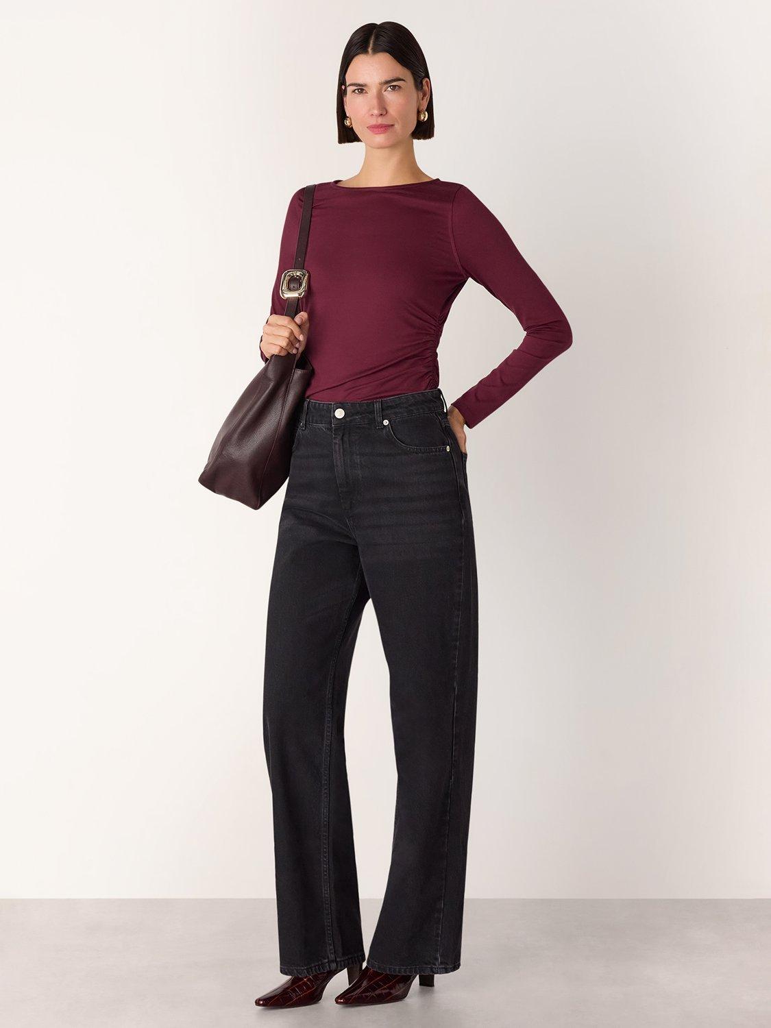 Product image 3 of 5, which shows Whistles Ruched Side Long Sleeve Top, Burgundy, XS