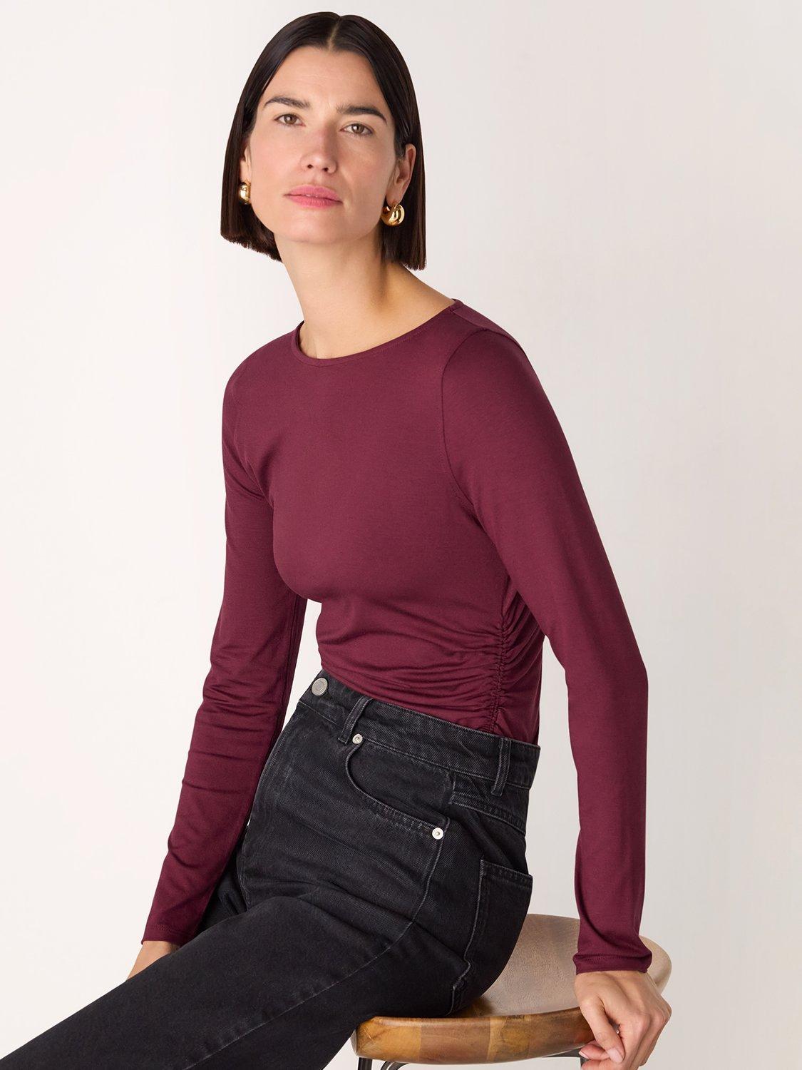 Product image 4 of 5, which shows Whistles Ruched Side Long Sleeve Top, Burgundy, XS