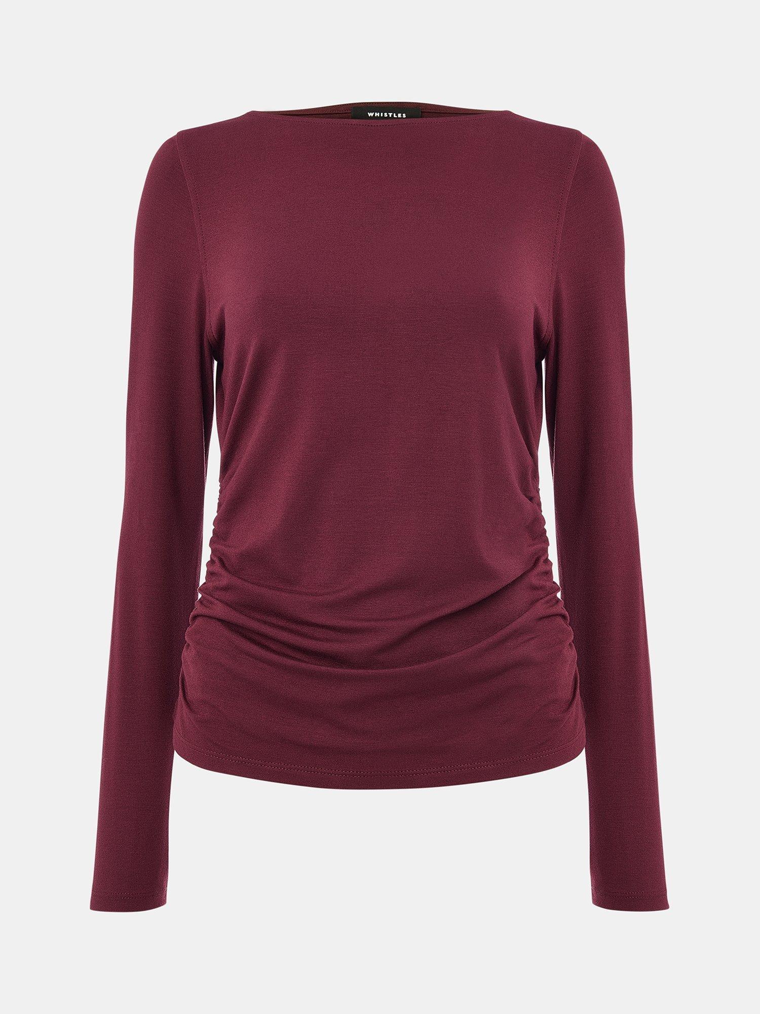Product image 5 of 5, which shows Whistles Ruched Side Long Sleeve Top, Burgundy, XS