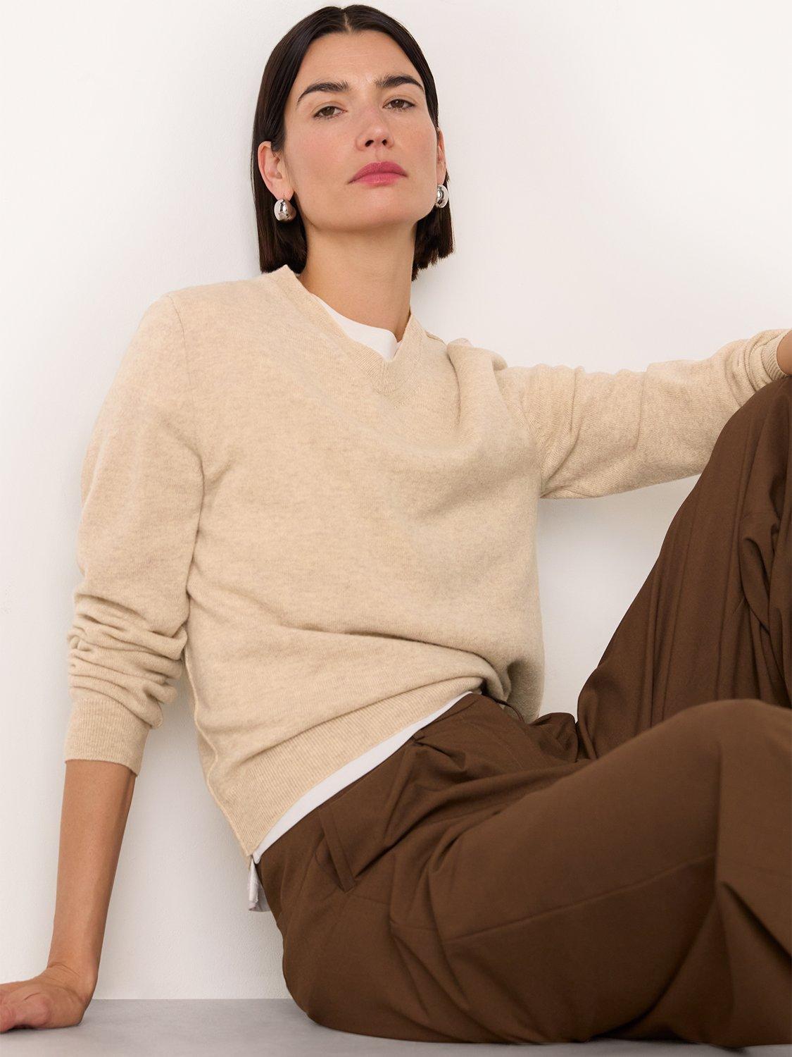 Product image 4 of 5, which shows Whistles V-Neck Pure Wool Jumper, Oatmeal, XS