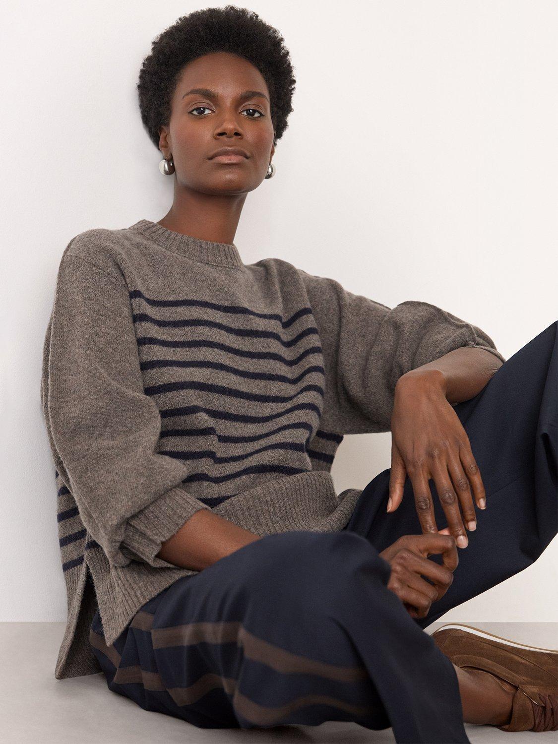 Product image 4 of 5, which shows Whistles Stripe Crew Neck Pure Wool Jumper, Neutral, XS
