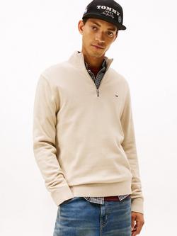 Tommy Jeans Flag Quarter-Zip Slim Jumper, Beige, Beige