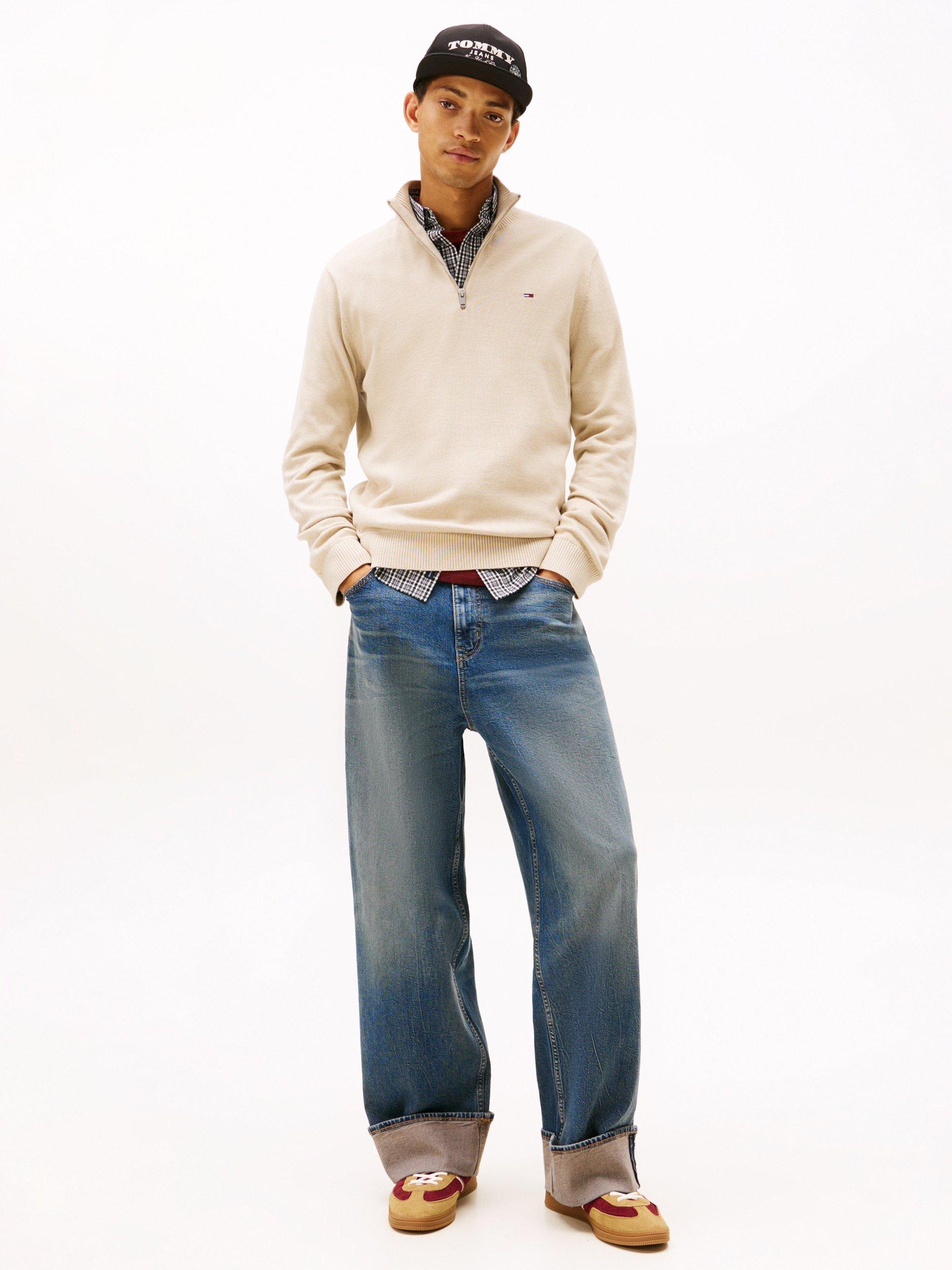 Product image 3 of 5, which shows Tommy Jeans Flag Quarter-Zip Slim Jumper, Beige, S