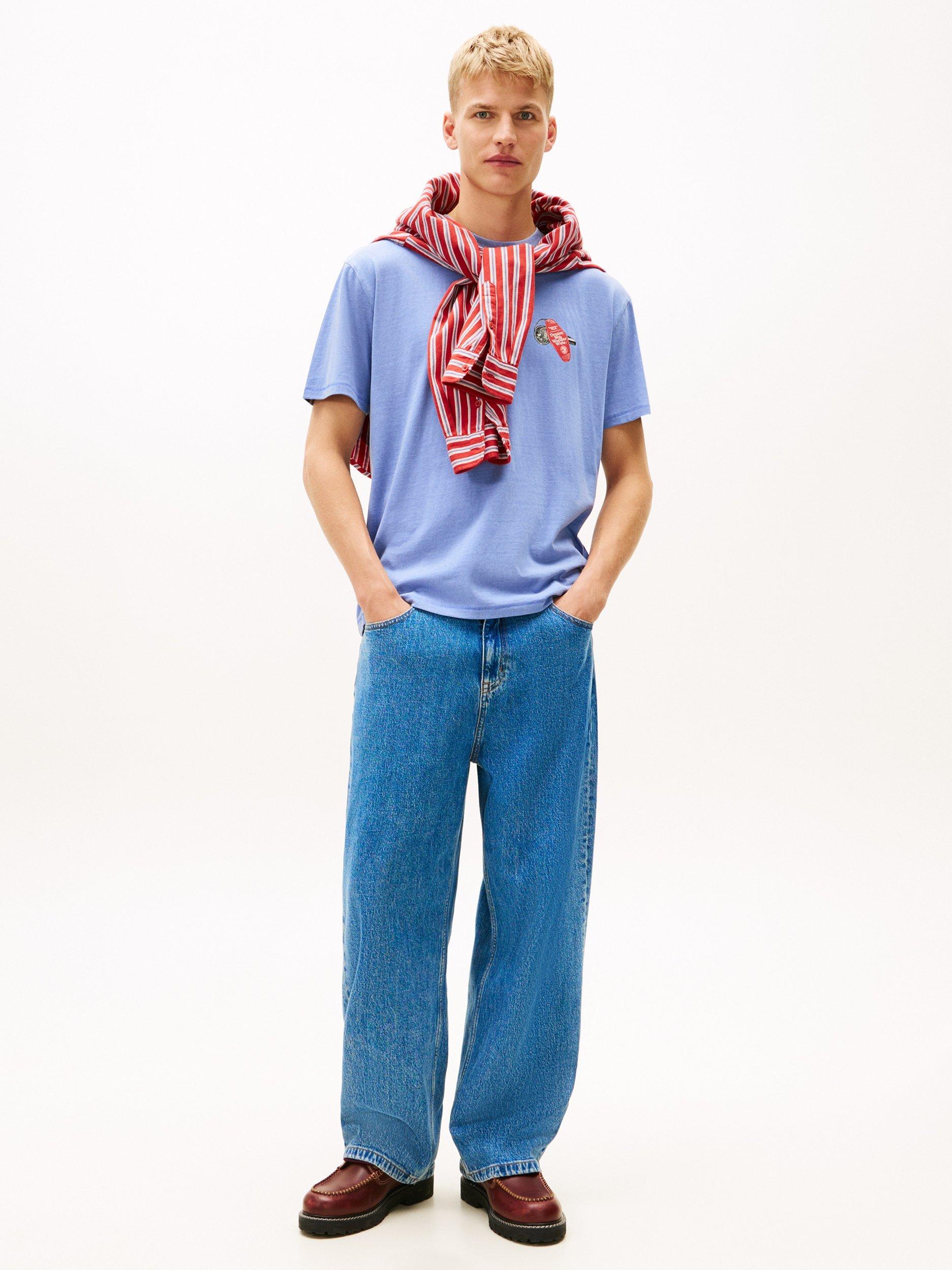 Product image 3 of 5, which shows Tommy Jeans Back Slogan Textured Relaxed T-Shirt, Light Blue, XS