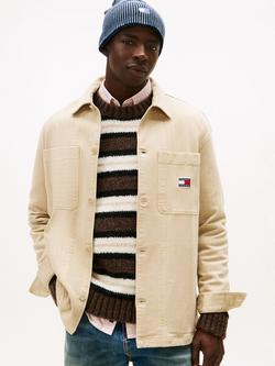 Tommy Jeans Cotton Blend Oversized Fit Herringbone Weave Shirt, Gulf Sand, Gulf Sand