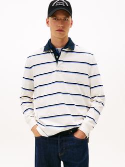 Tommy Jeans Logo Label Striped Relaxed Rugby Shirt, White/Multi, White/Multi