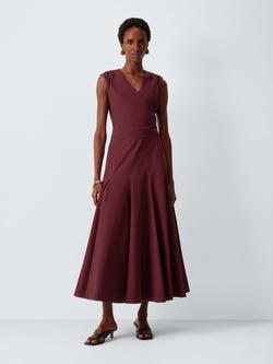 John Lewis Wrap Front Tie Detail Cotton Midi Dress, Burgundy