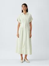 John Lewis Striped Cotton Blend Waisted Midi Shirt Dress, Ecru Stripe