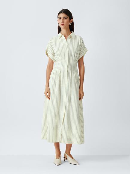 John Lewis Striped Cotton Blend Waisted Midi Shirt Dress, Ecru Stripe, Ecru Stripe
