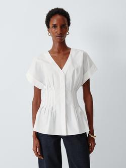 John Lewis Cotton Tuck Detail Short Sleeve Blouse, Off White, Off White