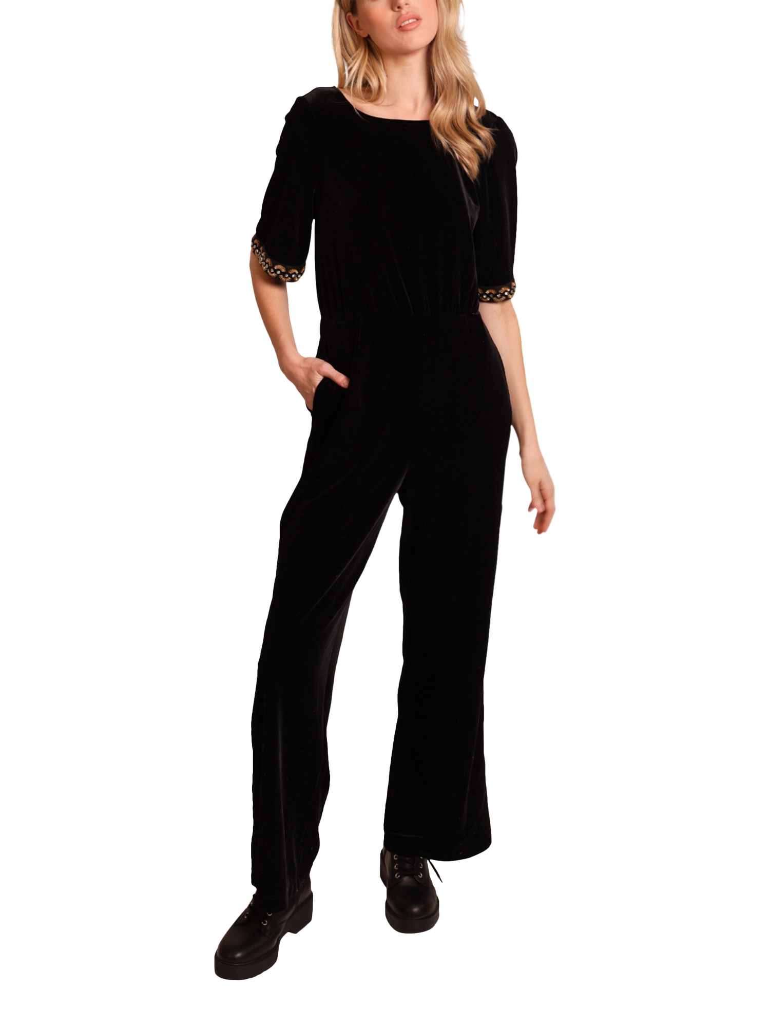 Product image 1 of 5, which shows Traffic People No Going Back Velvet Jumpsuit, Black, XS