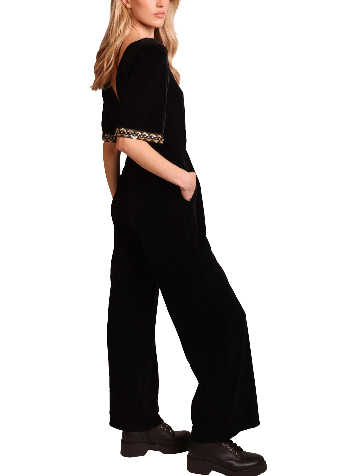 Product image 2 of 5, which shows Traffic People No Going Back Velvet Jumpsuit, Black, XS