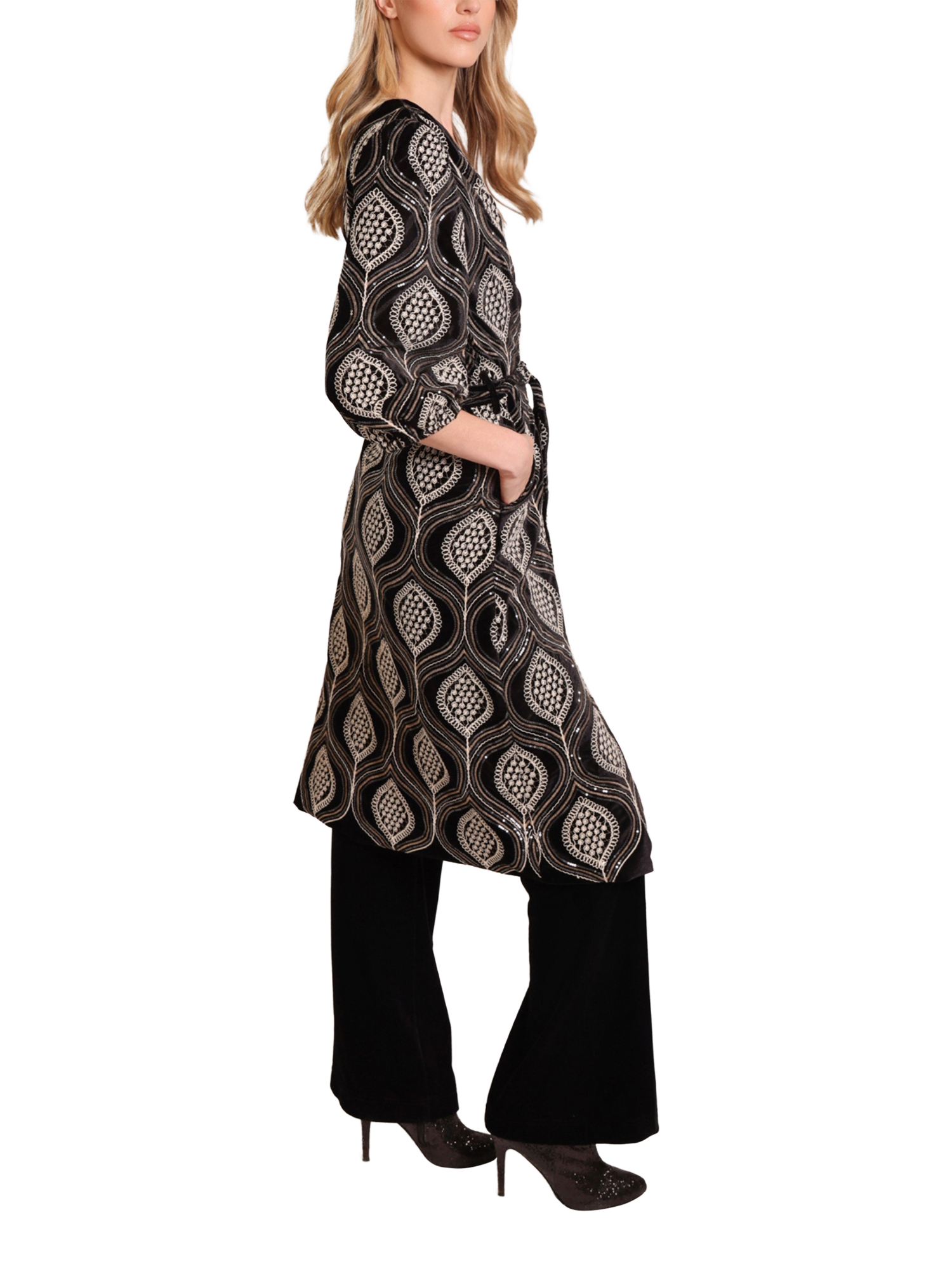 Product image 2 of 5, which shows Traffic People Love & Anarchy Embroidered Duster Coat, Black, XS