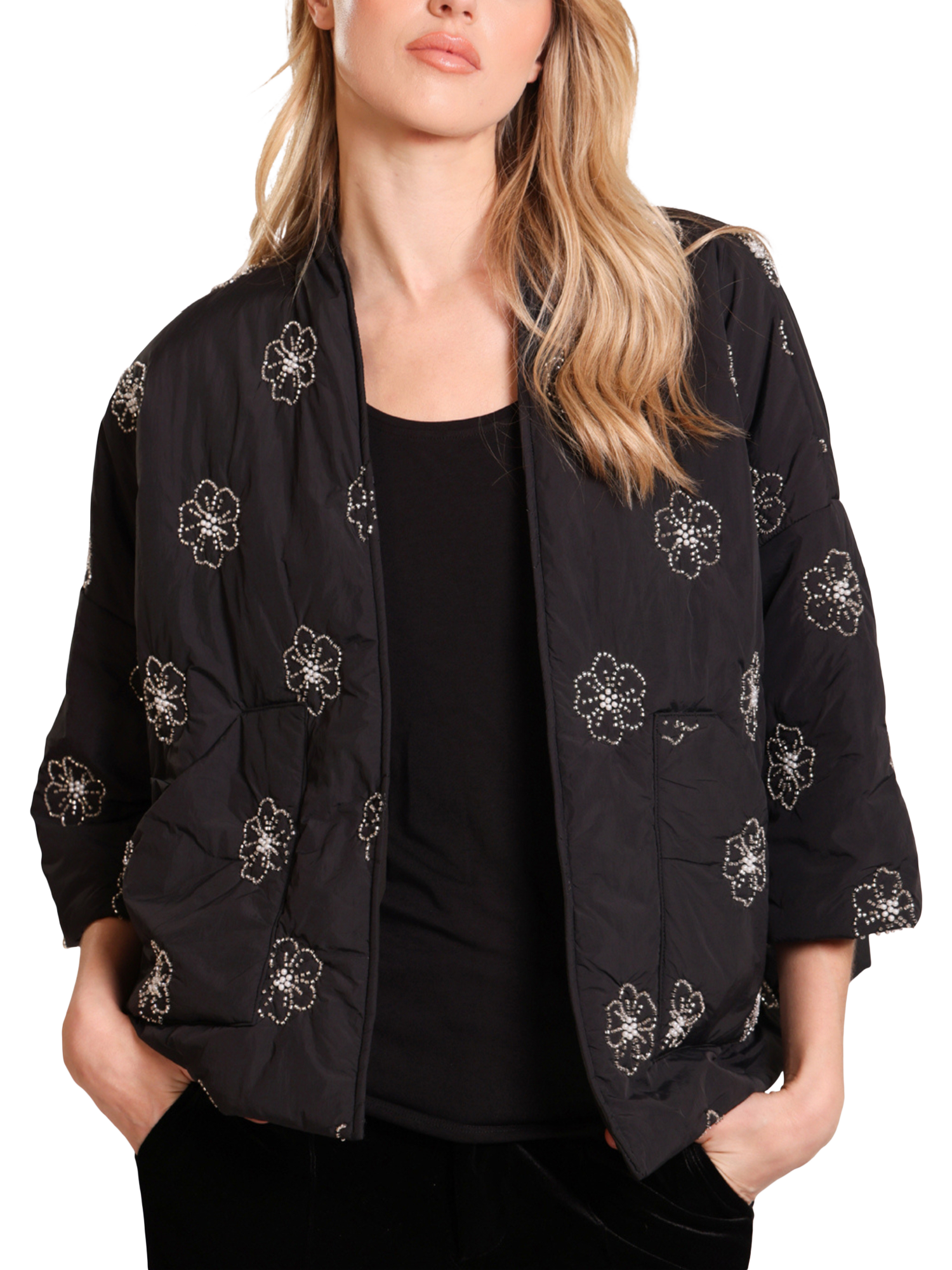 Product image 1 of 7, which shows Traffic People This Old Thing Beaded Shrug Jacket, Black, M