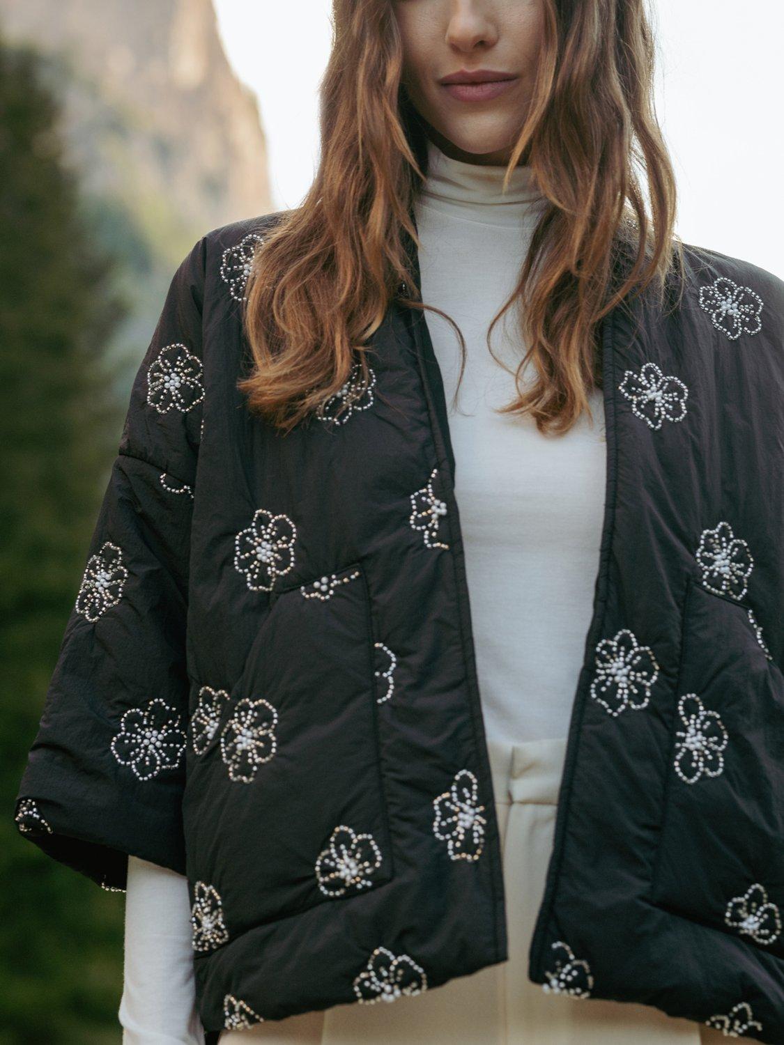 Product image 5 of 7, which shows Traffic People This Old Thing Beaded Shrug Jacket, Black, M