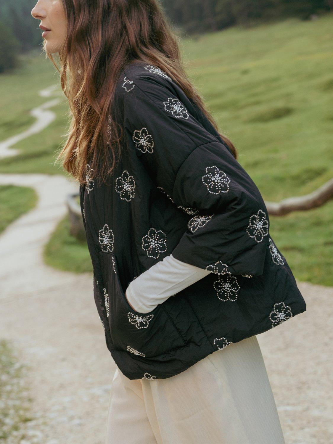 Product image 6 of 7, which shows Traffic People This Old Thing Beaded Shrug Jacket, Black, M