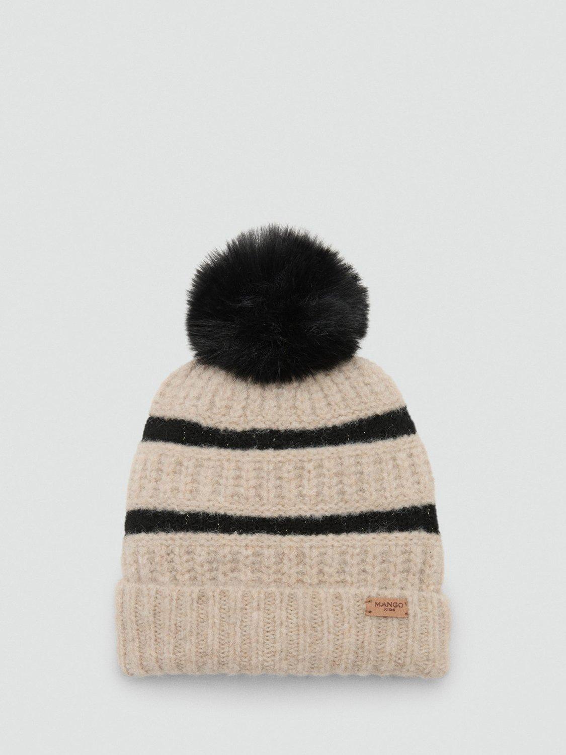 Product image 1 of 4, which shows Mango Kids' Alice Knitted Striped Bobble Hat, Light Brown, L
