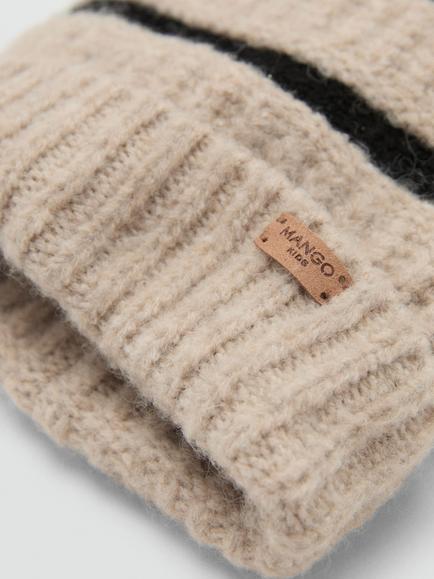 Mango Kids' Alice Knitted Striped Bobble Hat, Light Brown - view 2, Light Brown