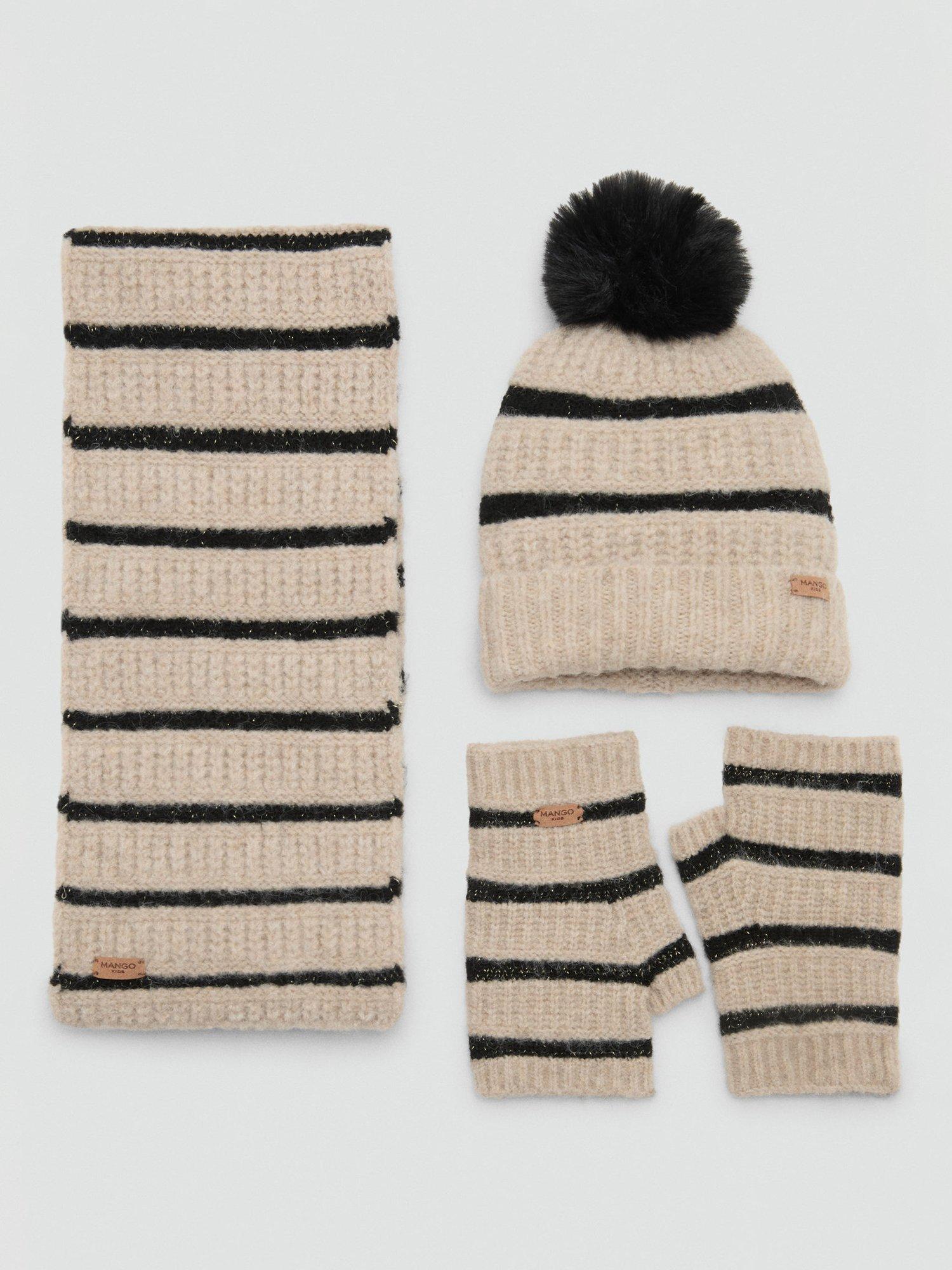 Product image 4 of 4, which shows Mango Kids' Alice Knitted Striped Bobble Hat, Light Brown, L
