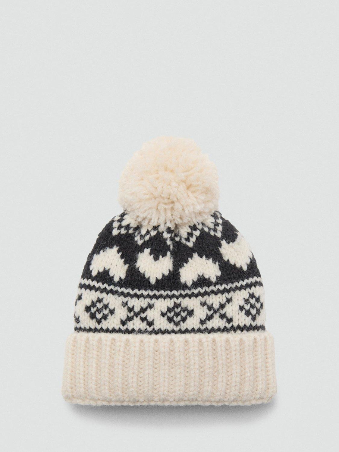 Product image 1 of 4, which shows Mango Kids' Heart Fair Isle Bobble Hat, Light Beige, L