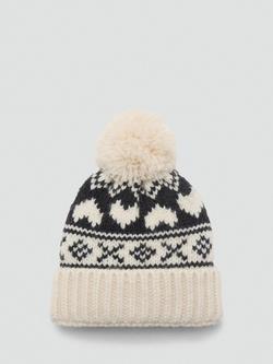 Mango Kids' Heart Fair Isle Bobble Hat, Light Beige, Light Beige