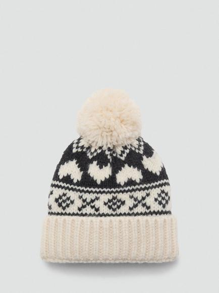 Mango Kids' Heart Fair Isle Bobble Hat, Light Beige, Light Beige
