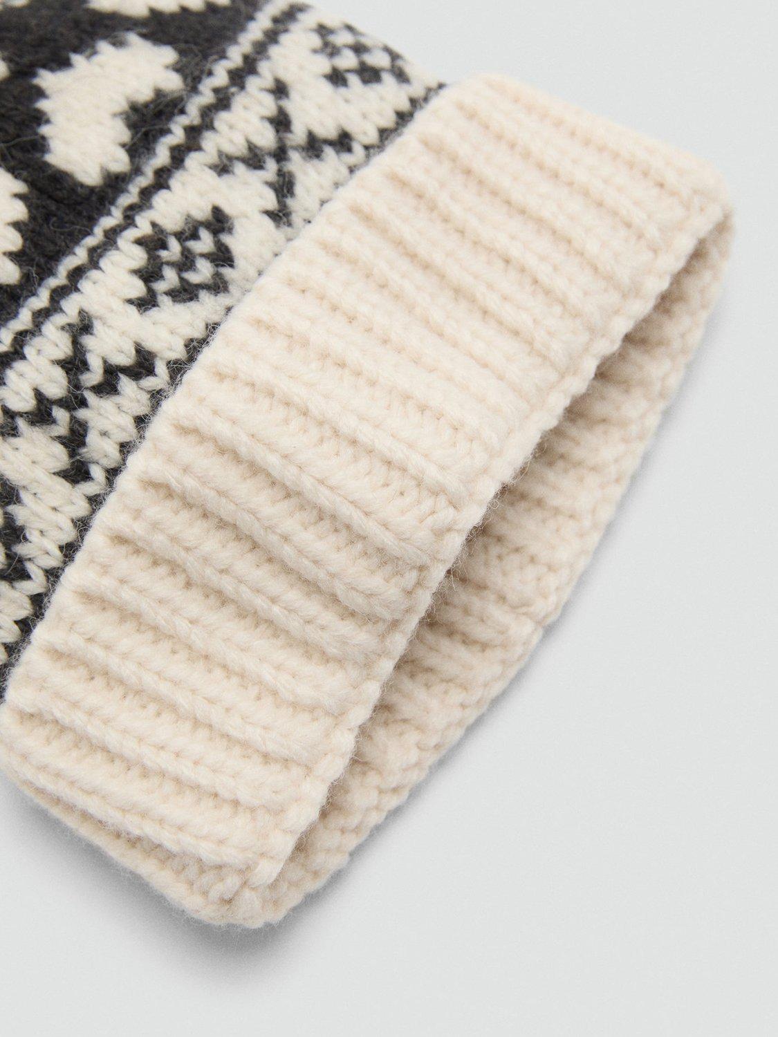 Product image 2 of 4, which shows Mango Kids' Heart Fair Isle Bobble Hat, Light Beige, L
