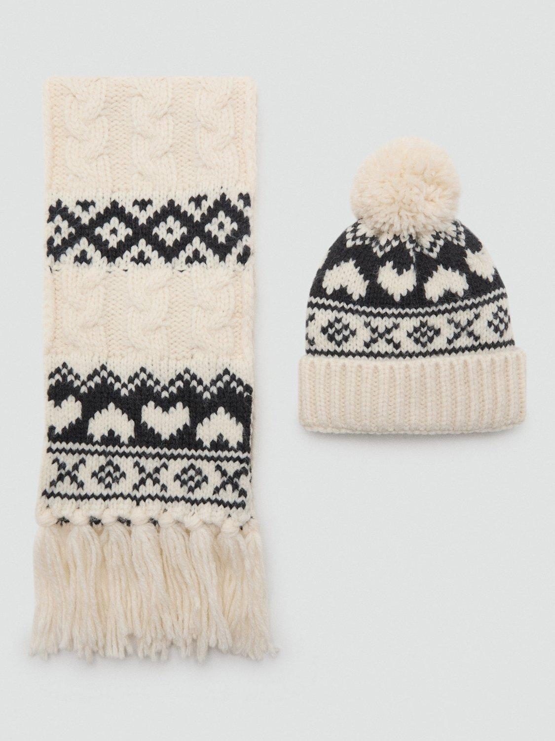 Product image 4 of 4, which shows Mango Kids' Heart Fair Isle Bobble Hat, Light Beige, L
