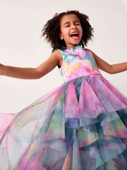 Monsoon Kids' Watercolour Sleeveless Ruffle Party Dress, Multi, Multi