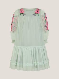 Monsoon Kids' Peony Embroidered Tulle Party Dress, Sage, Sage