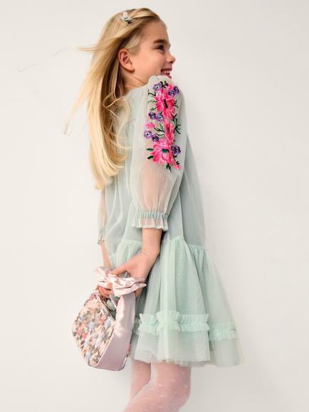 Monsoon Kids' Peony Embroidered Tulle Party Dress, Sage, Sage