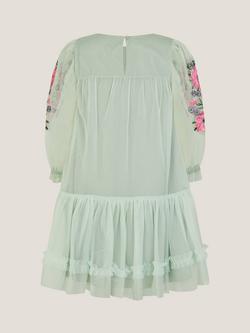 Monsoon Kids' Peony Embroidered Tulle Party Dress, Sage - view 2, Sage