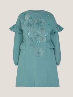 Monsoon Kids' Floral Appliqué Sweatshirt Dress, Green, Green