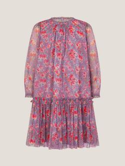 Monsoon Kids' Floral Print Mesh Long Sleeve Dress, Purple, Purple