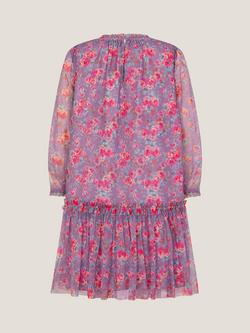Monsoon Kids' Floral Print Mesh Long Sleeve Dress, Purple - view 2, Purple