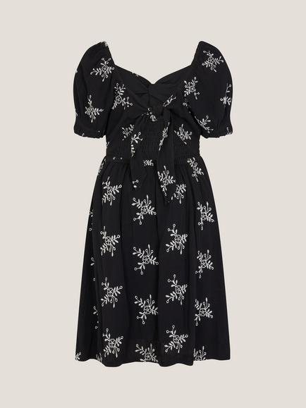 Monsoon Kids' Floral Broderie Puff Sleeve Dress, Black, Black